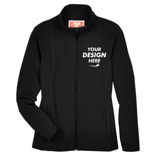 Team 365 Women's Leader Soft Shell Jacket, Black, Front view, Mockup
