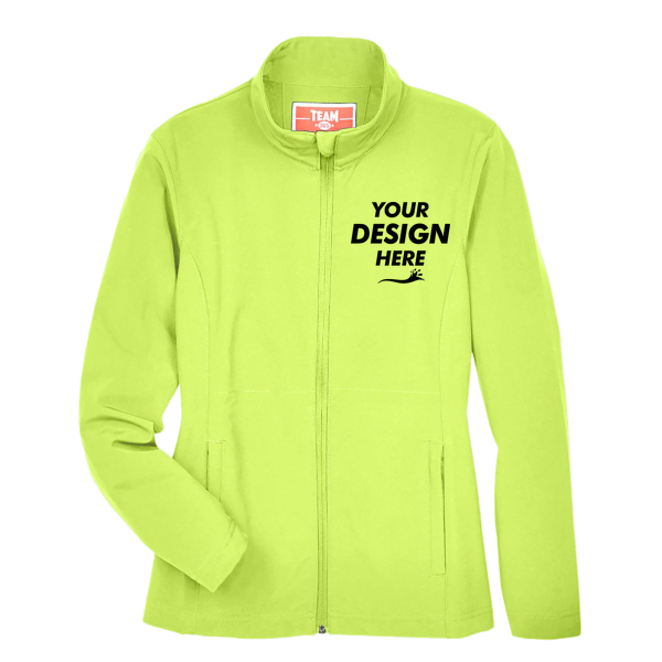 Team 365 Women's Leader Soft Shell Jacket, Safety Yellow, Front view, Mockup