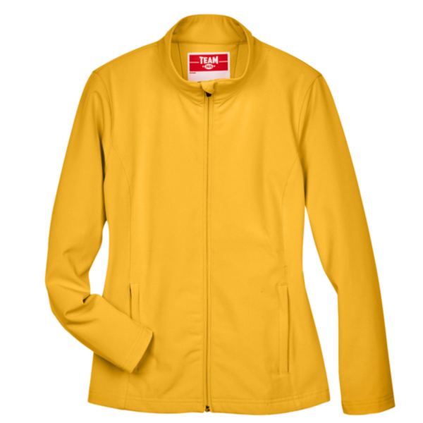 Team 365 Women's Leader Soft Shell Jacket, Sport Athletic Gold, Front view