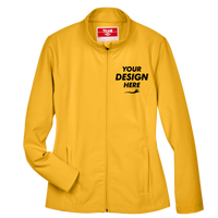 Team 365 Women's Leader Soft Shell Jacket, Sport Athletic Gold, Front view, Mockup