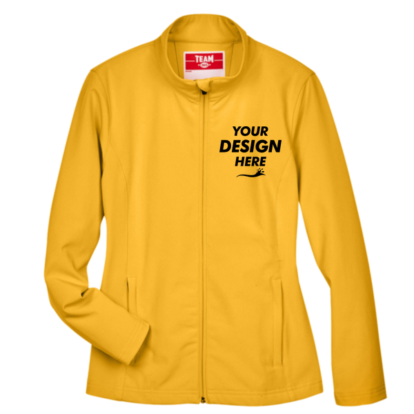 Team 365 Women's Leader Soft Shell Jacket, Sport Athletic Gold, Front view, Mockup
