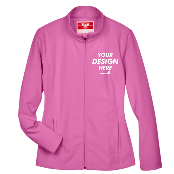 Team 365 Women's Leader Soft Shell Jacket, Sport Charity Pink, Front view, Mockup