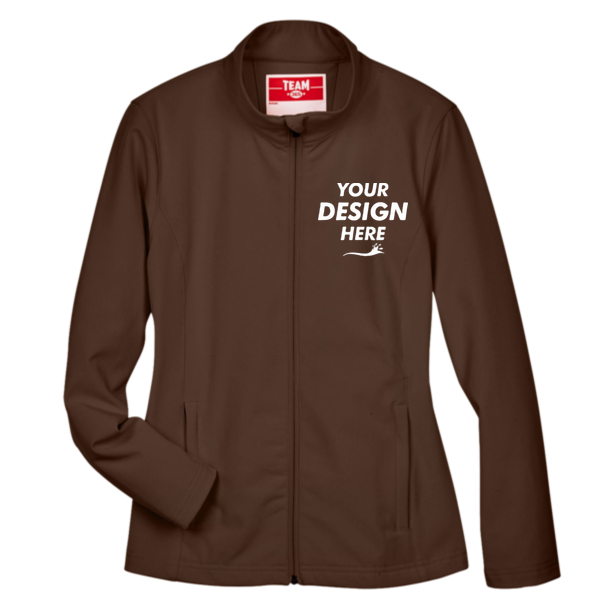 Team 365 Women's Leader Soft Shell Jacket, Sport Dark Brown, Front view, Mockup