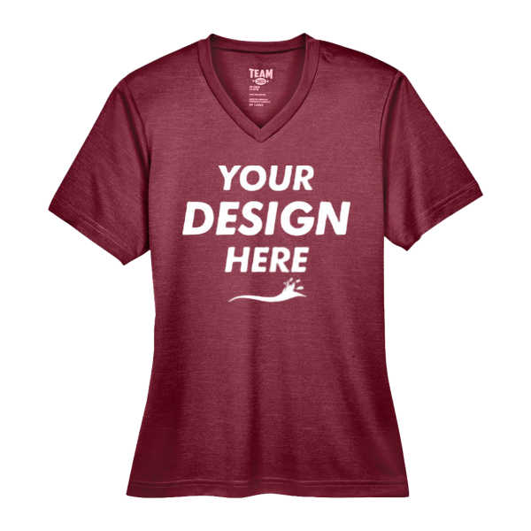 Team 365 Women's Sonic Heather Performance T-Shirt, Sport Maroon Heather, Front view, Mockup