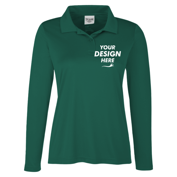 Team 365 Women's Zone Performance Long Sleeve Polo, Sport Forest, Front view, Mockup