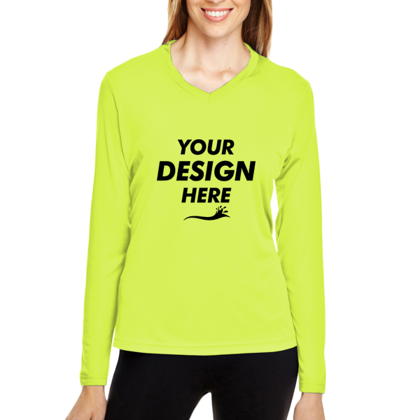 Team 365 Women's Zone Performance Long Sleeve T-Shirt, Safety Yellow, Front view, Mockup