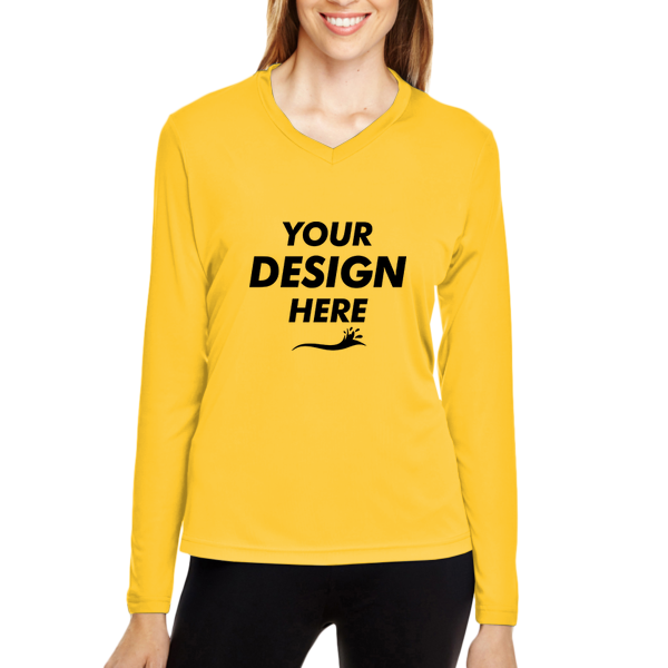 Team 365 Women's Zone Performance Long Sleeve T-Shirt, Sport Athletic Gold, Front view, Mockup