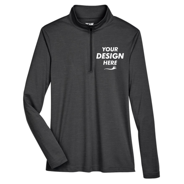 Team 365 Women's Zone Sonic Heather Performance Quarter-Zip Pullover, Black Heather, Front view, Mockup