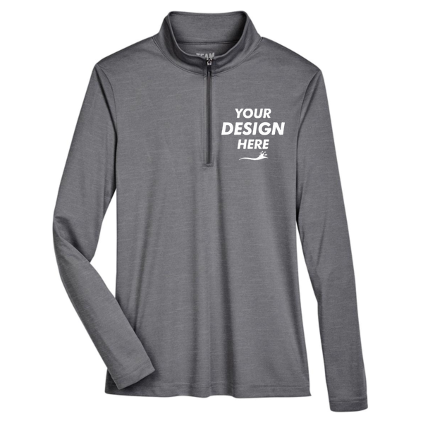 Team 365 Women's Zone Sonic Heather Performance Quarter-Zip Pullover, Dark Grey Heather, Front view, Mockup