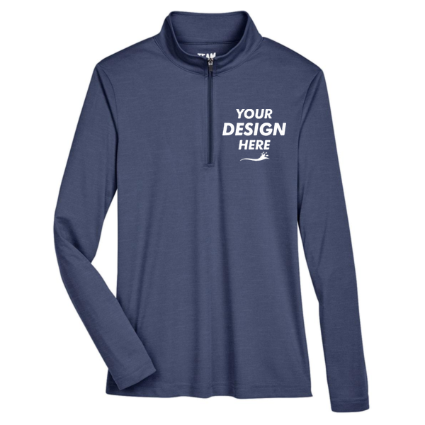 Team 365 Women's Zone Sonic Heather Performance Quarter-Zip Pullover, Sport Dark Navy Heather, Front view, Mockup