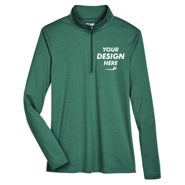 Team 365 Women's Zone Sonic Heather Performance Quarter-Zip Pullover, Sport Forest Heather, Front view, Mockup