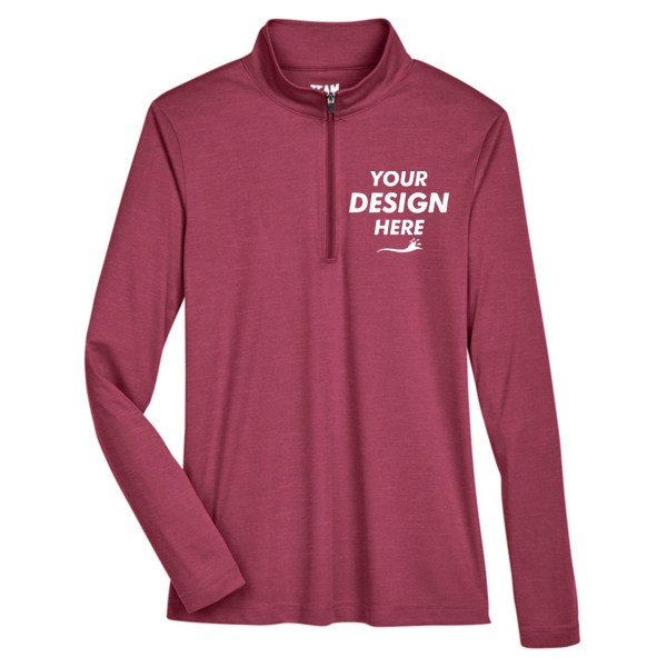 Team 365 Women's Zone Sonic Heather Performance Quarter-Zip Pullover, Sport Maroon Heather, Front view, Mockup