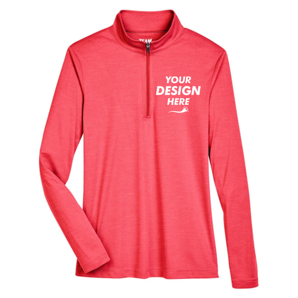 Team 365 Women's Zone Sonic Heather Performance Quarter-Zip Pullover, Sport Red Heather, Front view, Mockup
