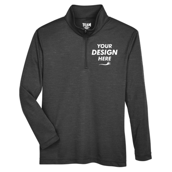 Team 365 Youth Zone Sonic Heather Performance Quarter-Zip Pullover, Black Heather, Front view, Mockup