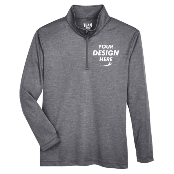 Team 365 Youth Zone Sonic Heather Performance Quarter-Zip Pullover, Dark Grey Heather, Front view, Mockup