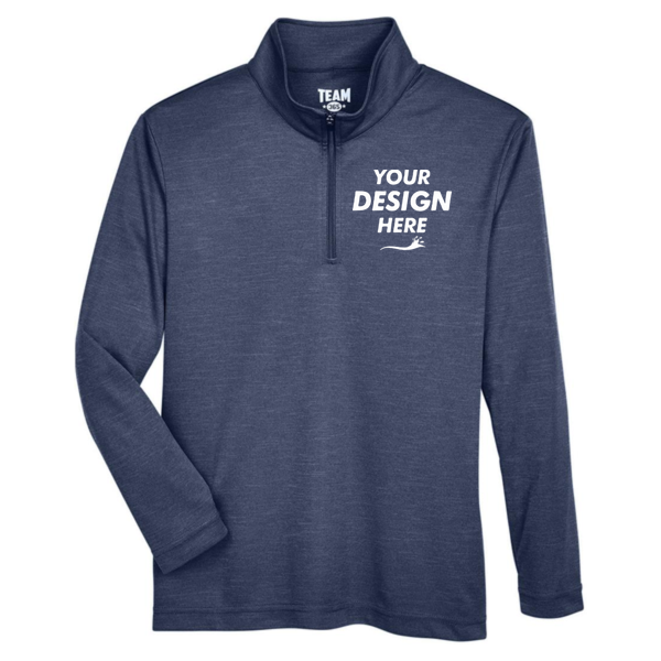 Team 365 Youth Zone Sonic Heather Performance Quarter-Zip Pullover, Sport Dark Navy Heather, Front view, Mockup