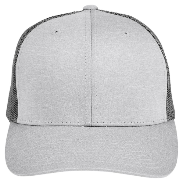 Team 365 Zone Sonic Heather Trucker Cap by Yupoong, Athletic Heather / Sport Graphite, Front view