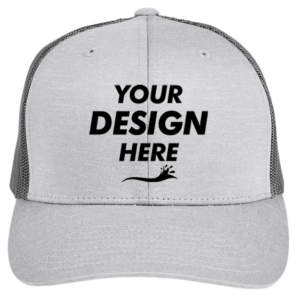 Team 365 Zone Sonic Heather Trucker Cap by Yupoong, Athletic Heather / Sport Graphite, Front view, Mockup