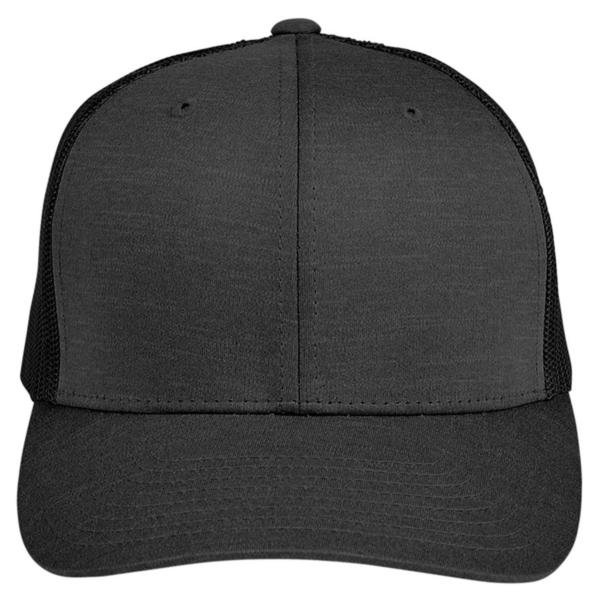 Team 365 Zone Sonic Heather Trucker Cap by Yupoong, Black Heather / Black, Front view