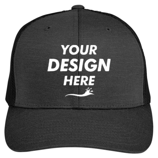 Team 365 Zone Sonic Heather Trucker Cap by Yupoong, Black Heather / Black, Front view, Mockup