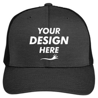 Team 365 Zone Sonic Heather Trucker Cap by Yupoong, Black Heather / Black, Front view, Mockup