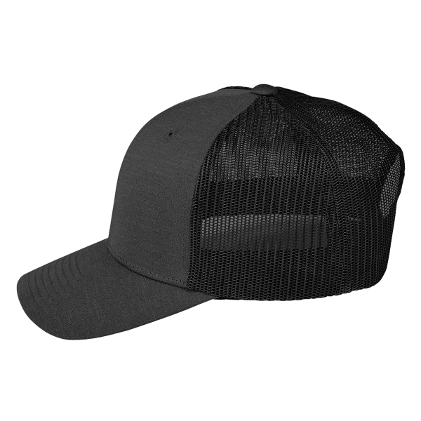 Team 365 Zone Sonic Heather Trucker Cap by Yupoong, Black Heather / Black, Left Side view