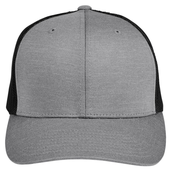 Team 365 Zone Sonic Heather Trucker Cap by Yupoong, Dark Grey Heather / Black, Front view