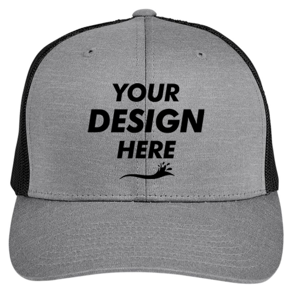 Team 365 Zone Sonic Heather Trucker Cap by Yupoong, Dark Grey Heather / Black, Front view, Mockup