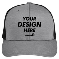 Team 365 Zone Sonic Heather Trucker Cap by Yupoong, Dark Grey Heather / Black, Front view, Mockup