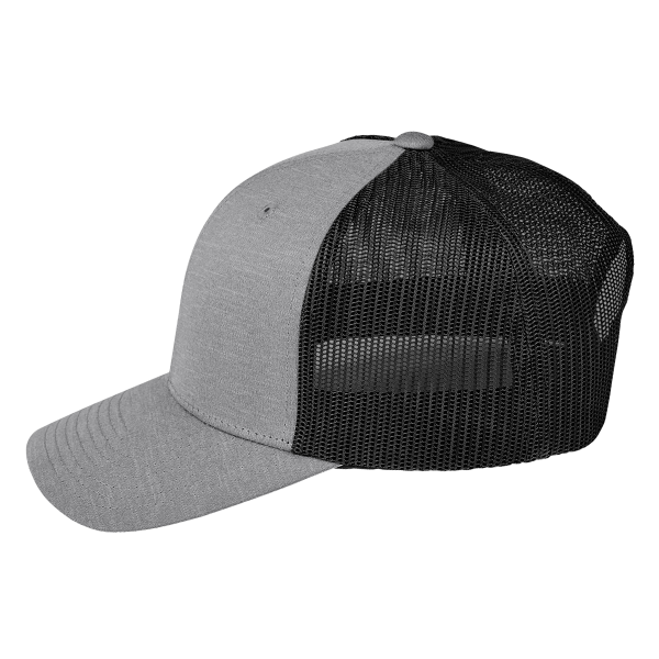 Team 365 Zone Sonic Heather Trucker Cap by Yupoong, Dark Grey Heather / Black, Left Side view