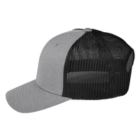 Team 365 Zone Sonic Heather Trucker Cap by Yupoong, Dark Grey Heather / Black, Left Side view
