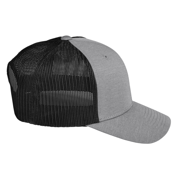 Team 365 Zone Sonic Heather Trucker Cap by Yupoong, Dark Grey Heather / Black, Right Side view