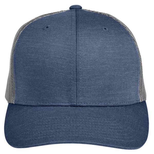 Team 365 Zone Sonic Heather Trucker Cap by Yupoong, Sport Dark Navy Heather / Sport Graphite, Front view