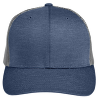 Team 365 Zone Sonic Heather Trucker Cap by Yupoong, Sport Dark Navy Heather / Sport Graphite, Front view