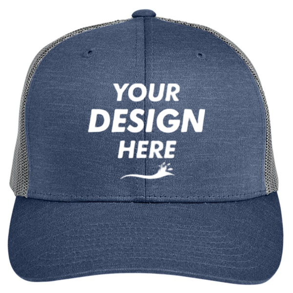 Team 365 Zone Sonic Heather Trucker Cap by Yupoong, Sport Dark Navy Heather / Sport Graphite, Front view, Mockup