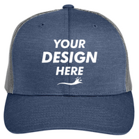 Team 365 Zone Sonic Heather Trucker Cap by Yupoong, Sport Dark Navy Heather / Sport Graphite, Front view, Mockup