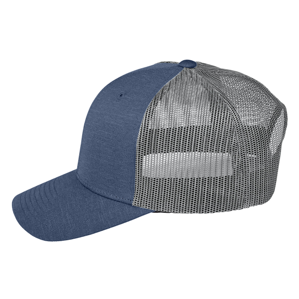 Team 365 Zone Sonic Heather Trucker Cap by Yupoong, Sport Dark Navy Heather / Sport Graphite, Left Side view