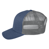 Team 365 Zone Sonic Heather Trucker Cap by Yupoong, Sport Dark Navy Heather / Sport Graphite, Left Side view