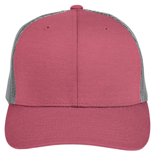 Team 365 Zone Sonic Heather Trucker Cap by Yupoong, Sport Maroon Heather / Sport Graphite, Front view