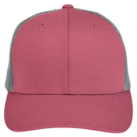Team 365 Zone Sonic Heather Trucker Cap by Yupoong, Sport Maroon Heather / Sport Graphite, Front view