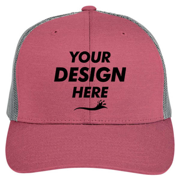 Team 365 Zone Sonic Heather Trucker Cap by Yupoong, Sport Maroon Heather / Sport Graphite, Front view, Mockup