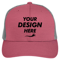 Team 365 Zone Sonic Heather Trucker Cap by Yupoong, Sport Maroon Heather / Sport Graphite, Front view, Mockup