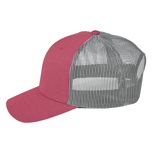 Team 365 Zone Sonic Heather Trucker Cap by Yupoong, Sport Maroon Heather / Sport Graphite, Left Side view