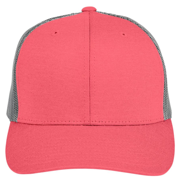 Team 365 Zone Sonic Heather Trucker Cap by Yupoong, Sport Red Heather / Sport Graphite, Front view