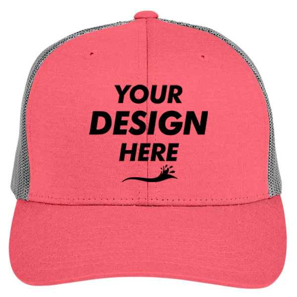 Team 365 Zone Sonic Heather Trucker Cap by Yupoong, Sport Red Heather / Sport Graphite, Front view, Mockup