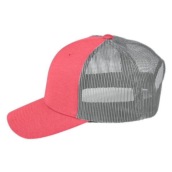 Team 365 Zone Sonic Heather Trucker Cap by Yupoong, Sport Red Heather / Sport Graphite, Left Side view
