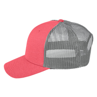 Team 365 Zone Sonic Heather Trucker Cap by Yupoong, Sport Red Heather / Sport Graphite, Left Side view