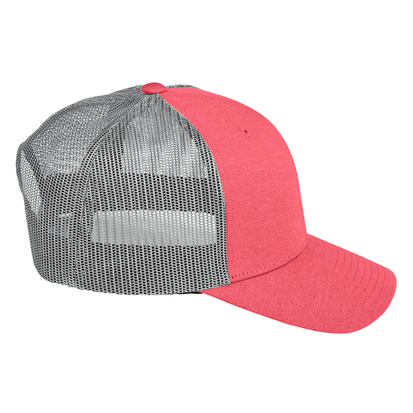 Team 365 Zone Sonic Heather Trucker Cap by Yupoong, Sport Red Heather / Sport Graphite, Right Side view