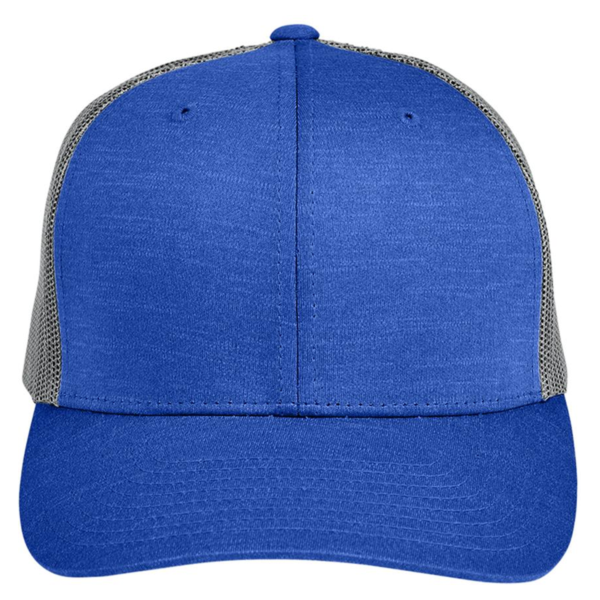 Team 365 Zone Sonic Heather Trucker Cap by Yupoong, Sport Royal Heather / Sport Graphite, Front view