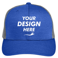 Team 365 Zone Sonic Heather Trucker Cap by Yupoong, Sport Royal Heather / Sport Graphite, Front view, Mockup